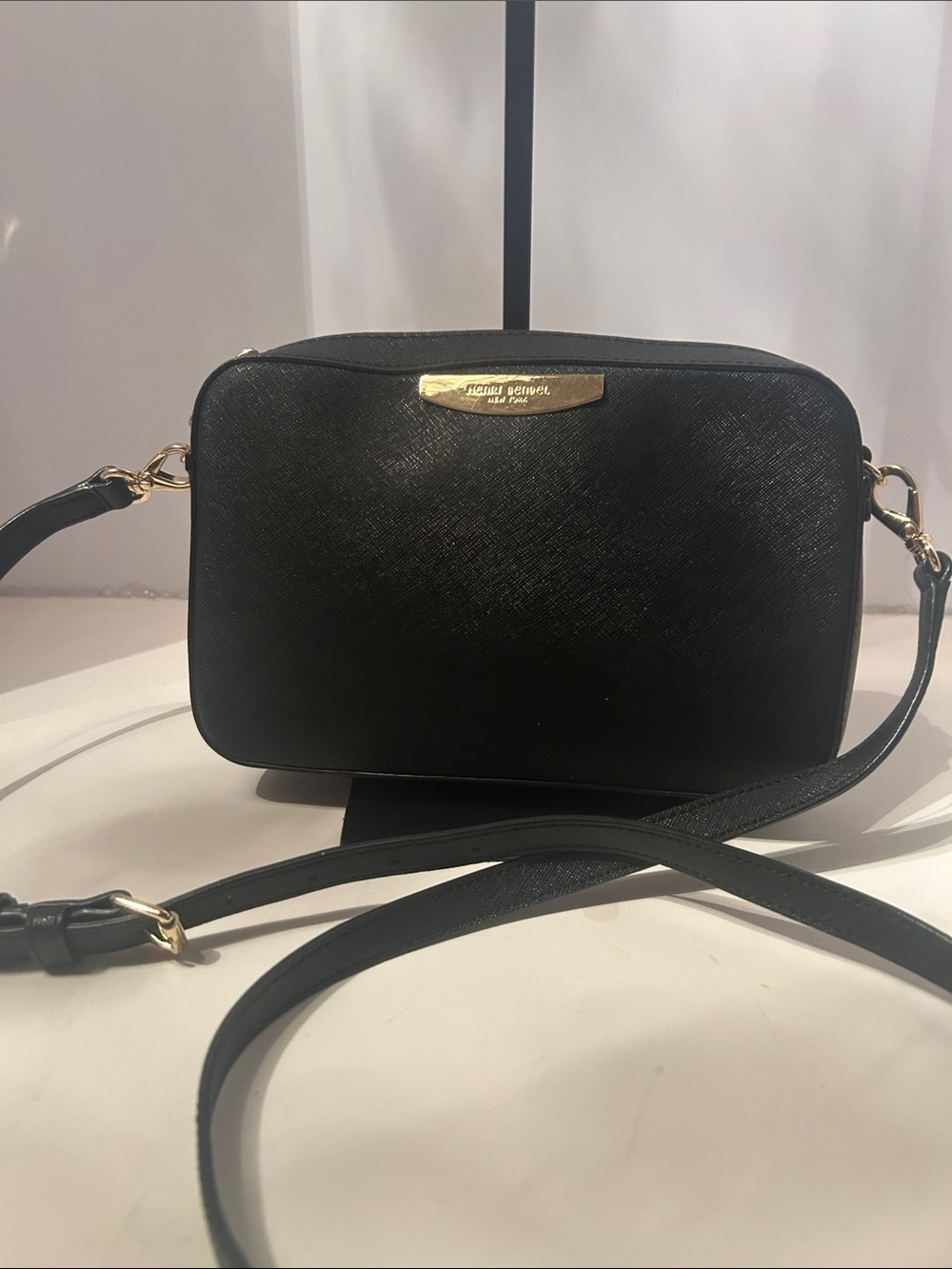henri bendel Black Saffiano Crossbody with Gold Hardware